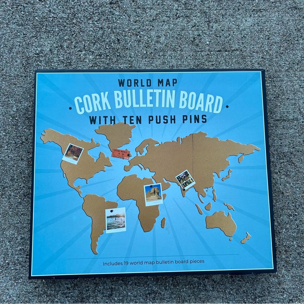 NIB World Map Cork Bulletin Board with Push Pins